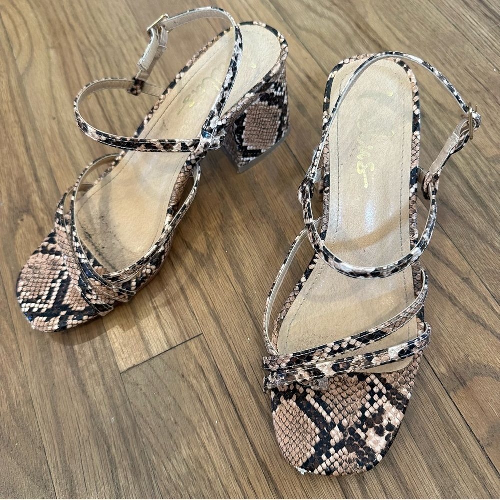 Lulus Fanny Tan Snake-Embossed Strappy High Heel Sandals